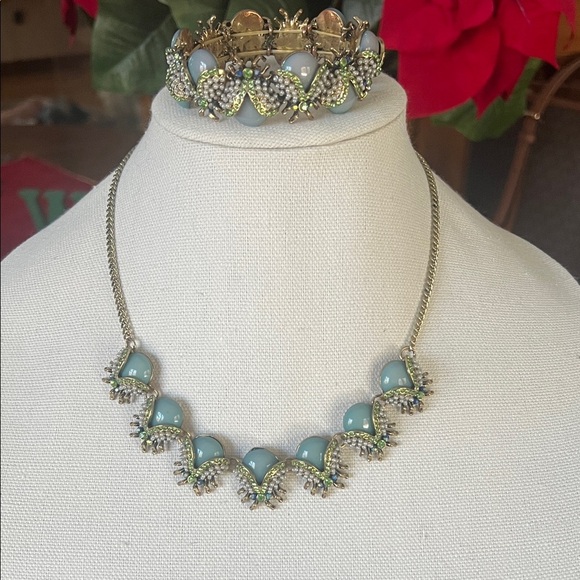 Plunder Jewelry - Plunder Turquoise Statement Necklace & Bracelet Set Gold Beaded Rhinestone